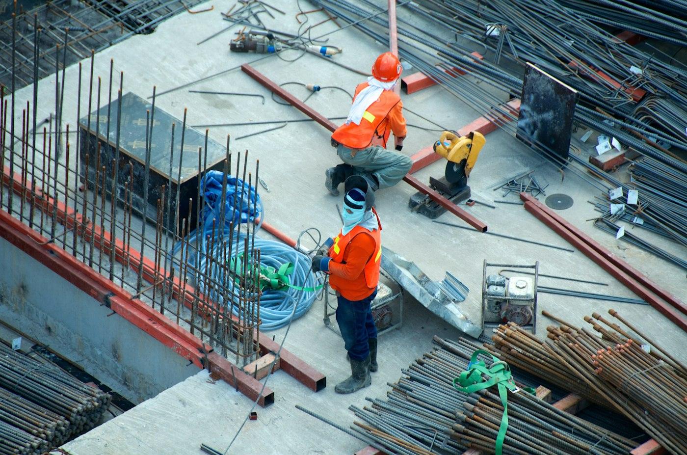 Construction workers on a rebar deck